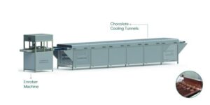 Industrial Chocolate Enrober Line by Albarary Industries coating biscuits and dates with chocolate using a stainless steel automatic enrobing system in a food processing factory.